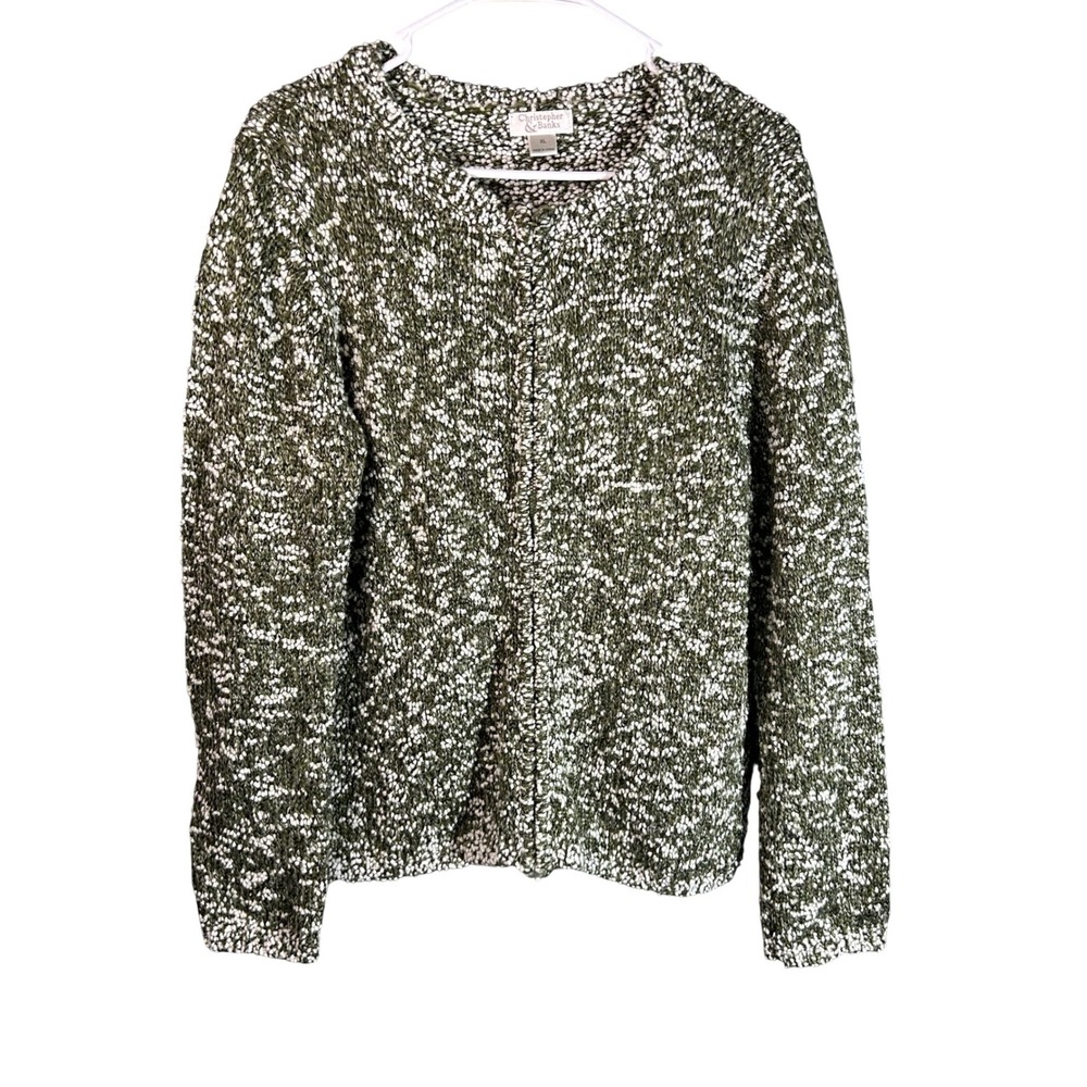 Christopher & Banks Womens XL Cardigan Sweater Marled Olive Green Zip Front
